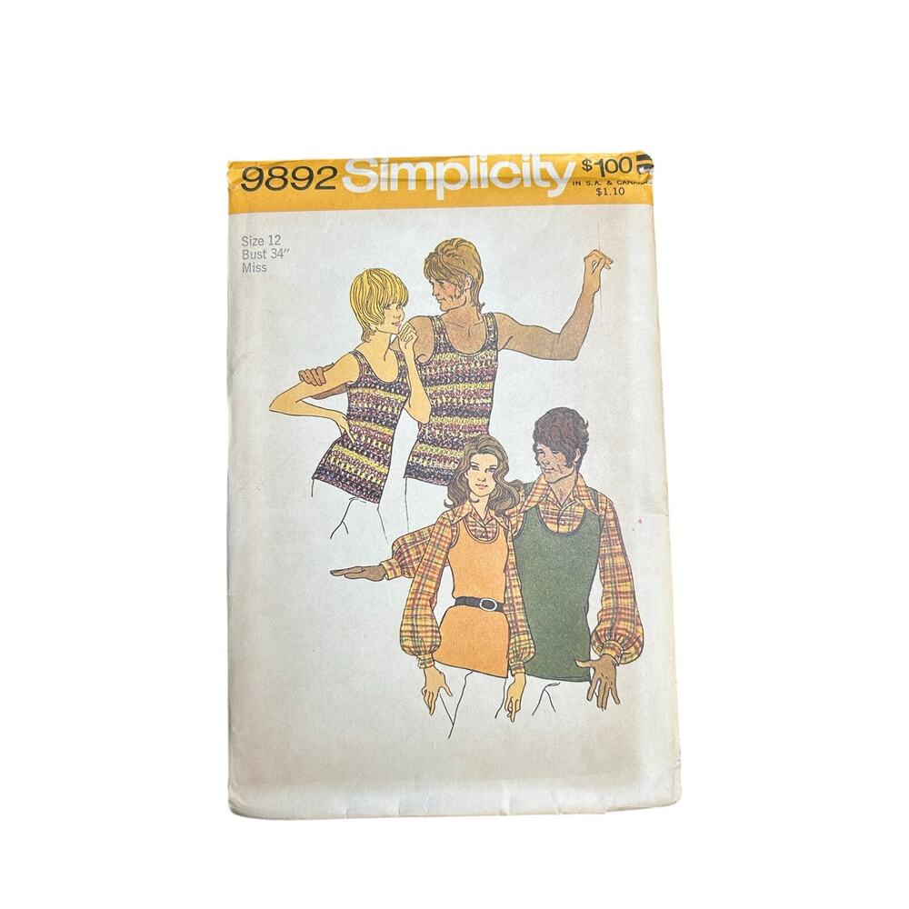 Vtg Sewing Pattern 70s Simplicity Unisex Shirt Pullover 12 Bust 34" 9892 Uncut